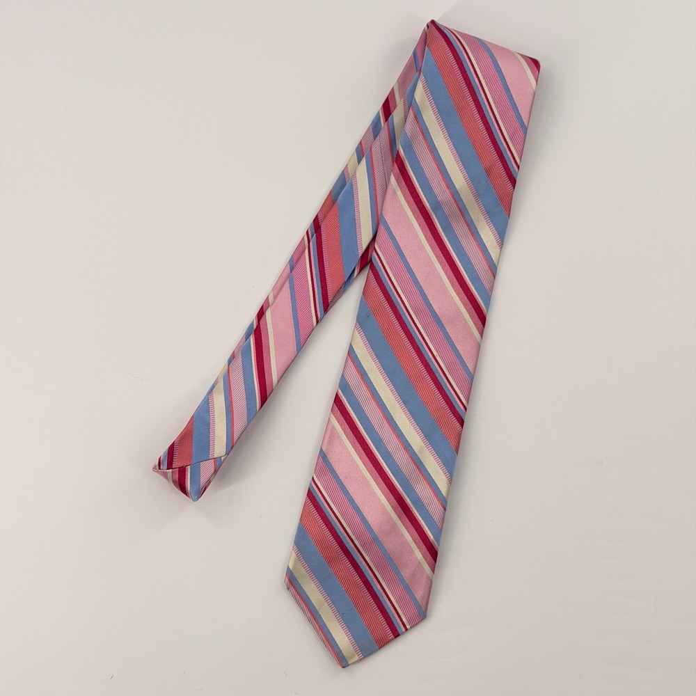 Ted Baker Silk Tie Mens One Size Pink Blue Striped Hand Tailored Luxury Tie